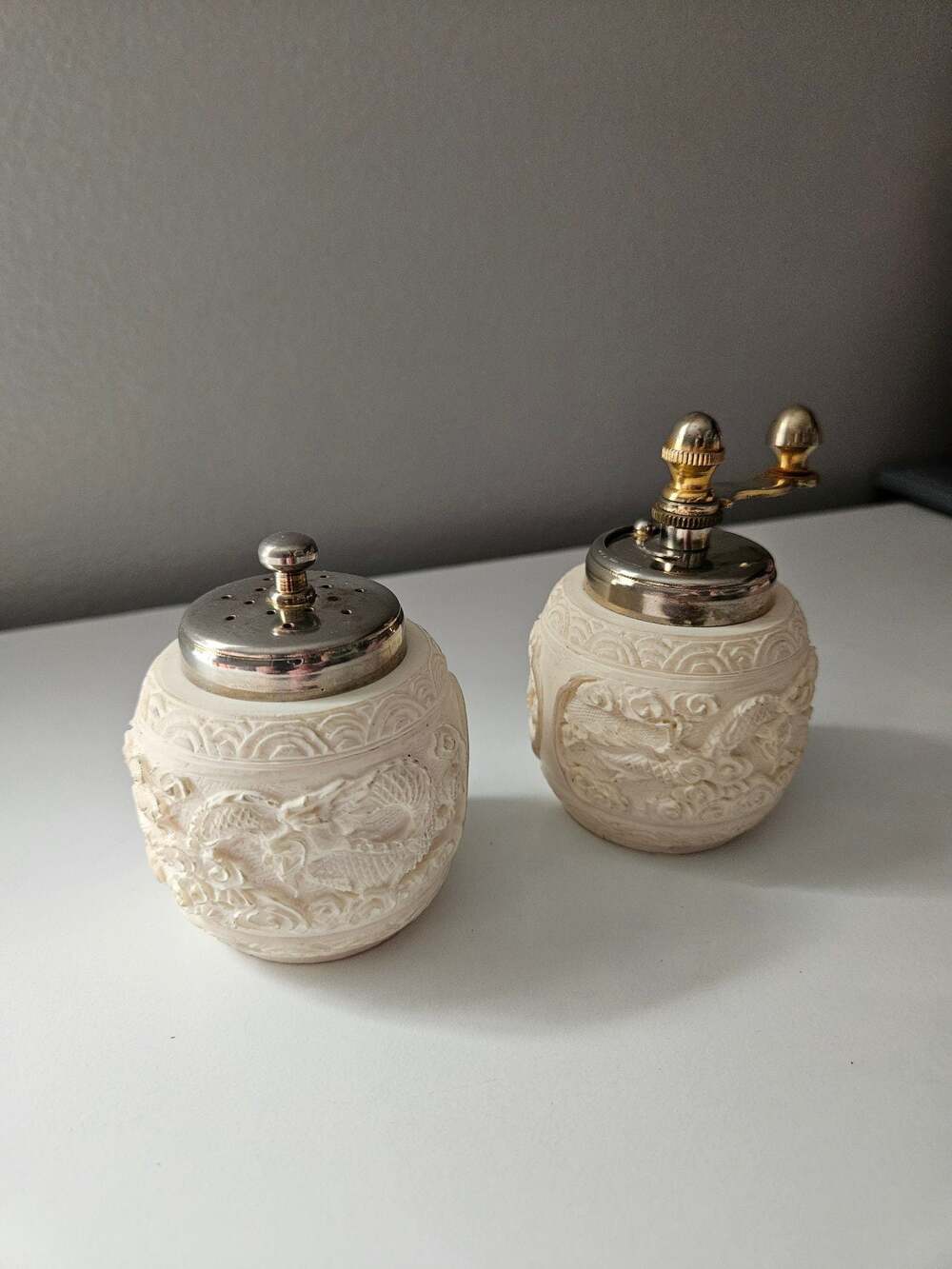 Vintage Italian Carved Faux Bone/Resin Dragon Motif Salt and Pepper Grinder Set